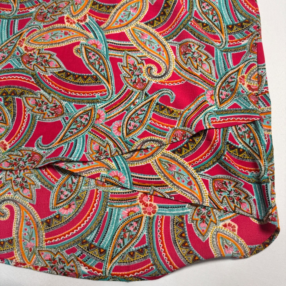 Boho Chic Womens Paisley Blouse Size Large Long Sleeve Tie Cuff Pink Multi - Picture 8 of 9